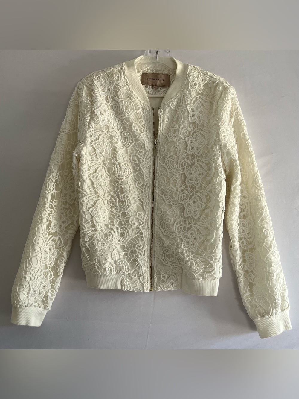 Yessica City Ivory Floral Lace Bomber Jacket Cottagecore Boho